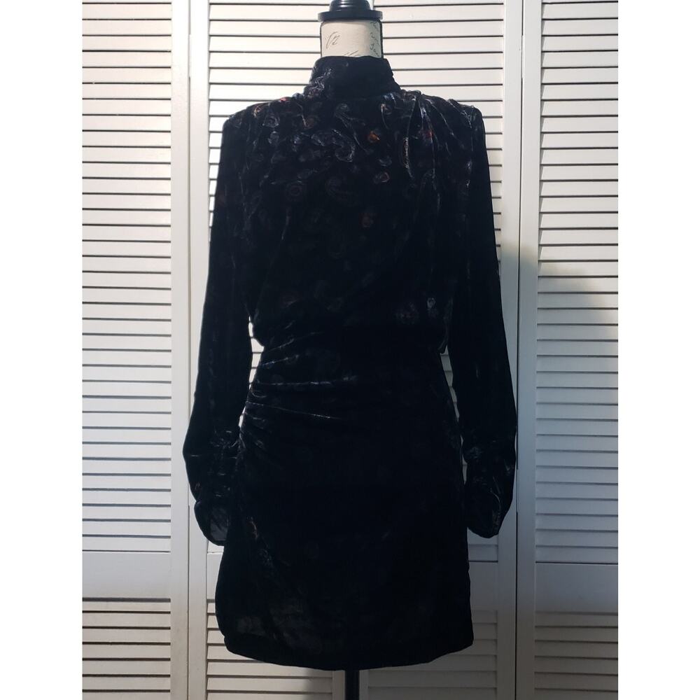 Zara Velvet Dress‎ Women's XS Black Paisley Long Sleeve Semi Open Back Ruched